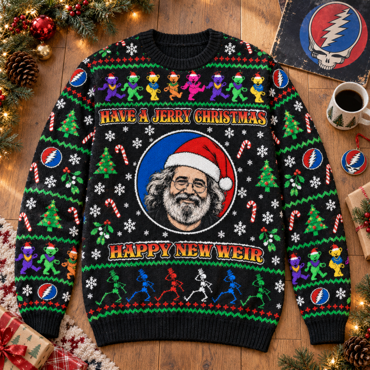 Jerry Christmas Happy New Year Sweater, Grateful Dead Jerry Garcia Holiday Knit Pullover, Deadhead Ugly Christmas Sweater