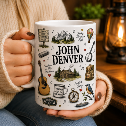 John Denver Ceramic Mug – Vintage Country Folk Coffee Mug, Rocky Mountain High Fan Gift, Take Me Home Country Roads Cup