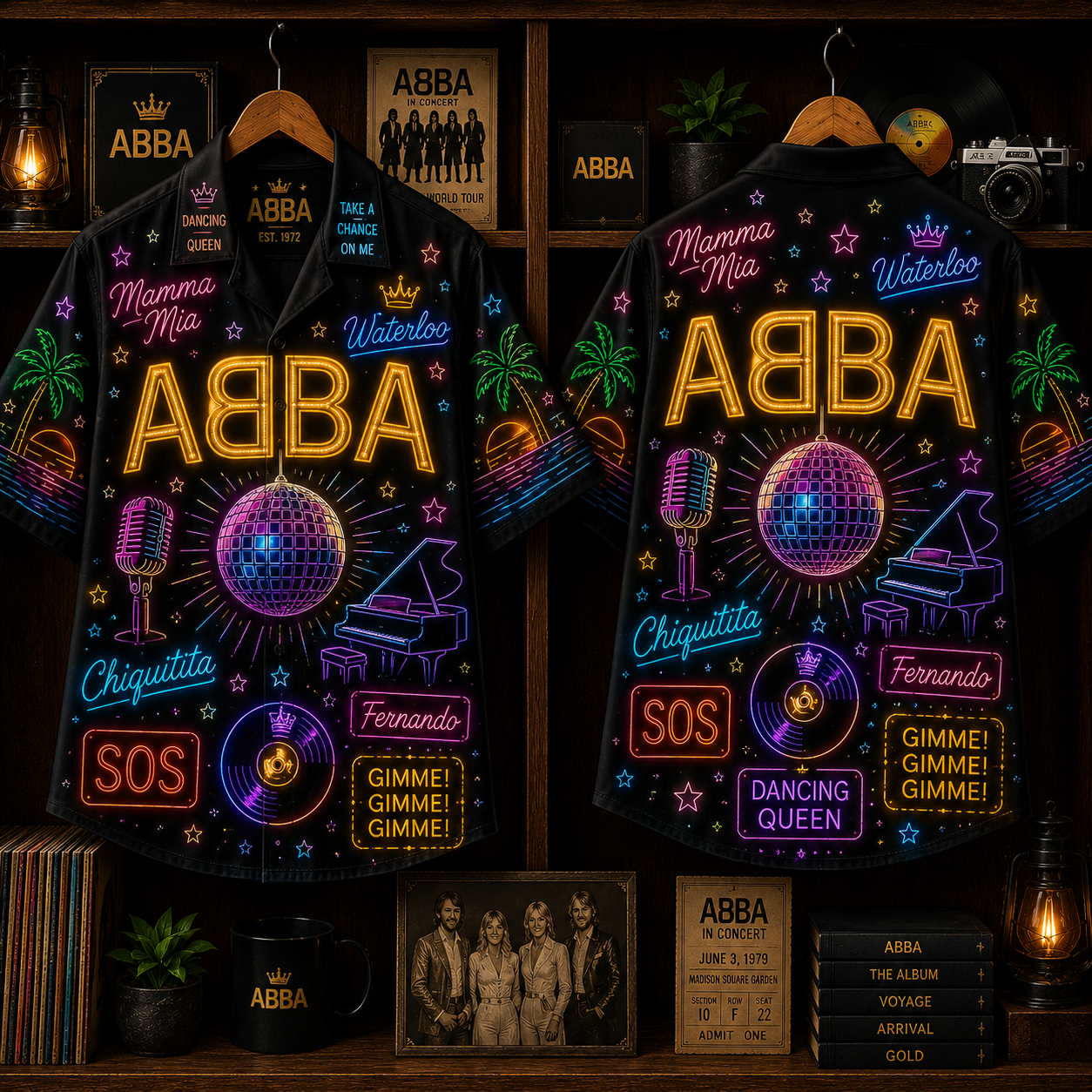 ABBA Neon Hawaiian Shirt - Disco Pop Band All Over Print Hawaiian Shirt - Retro 70s Music Summer Button Up Shirt