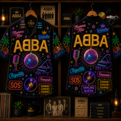 ABBA Neon Hawaiian Shirt - Disco Pop Band All Over Print Hawaiian Shirt - Retro 70s Music Summer Button Up Shirt