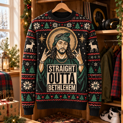 Jesus Christ Wool Christmas Sweater, Straight Outta Bethlehem Ugly Christmas Jumper, Funny Christian Holiday Sweater, Faith Christmas Gift