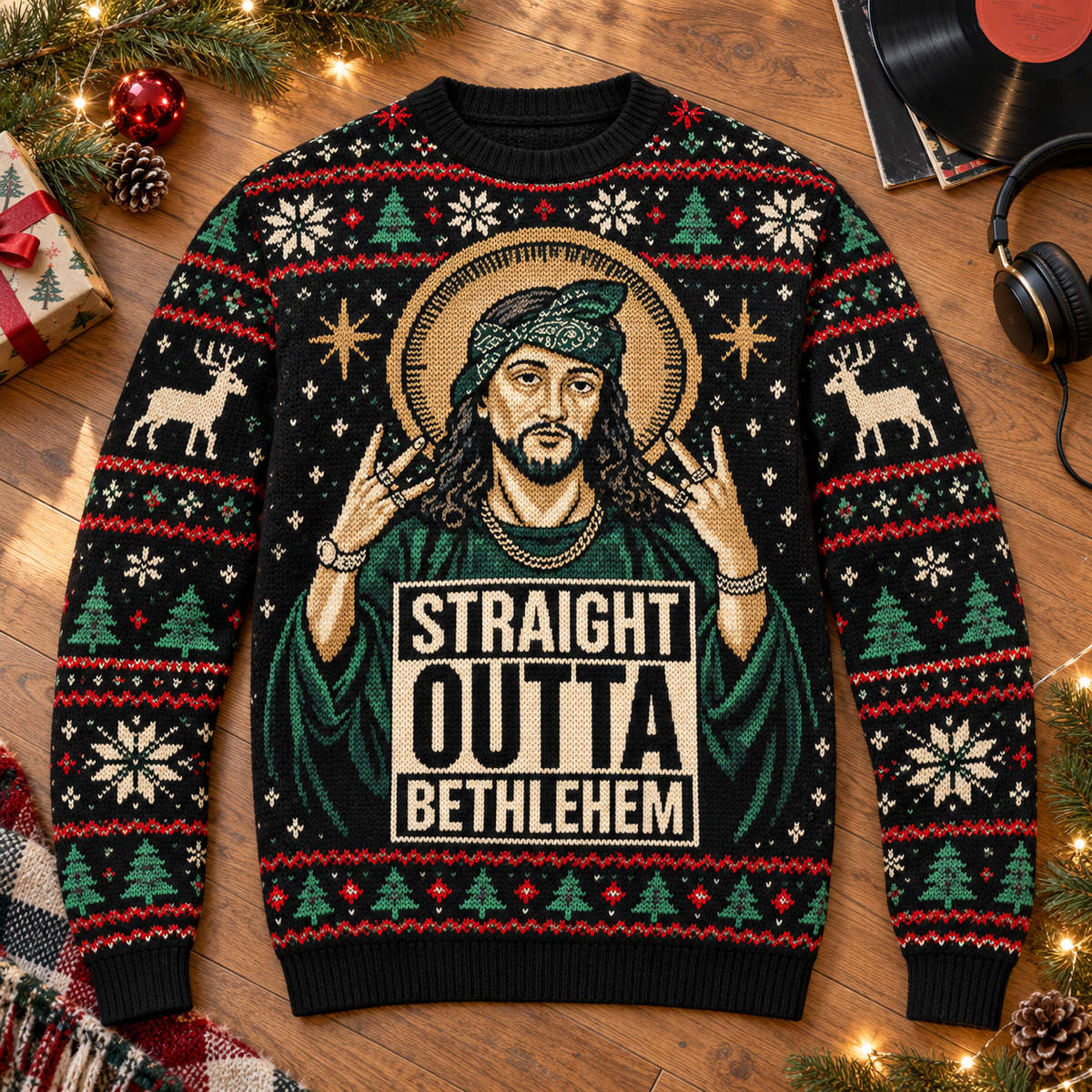 Jesus Christ Wool Christmas Sweater, Straight Outta Bethlehem Ugly Christmas Jumper, Funny Christian Holiday Sweater, Faith Christmas Gift