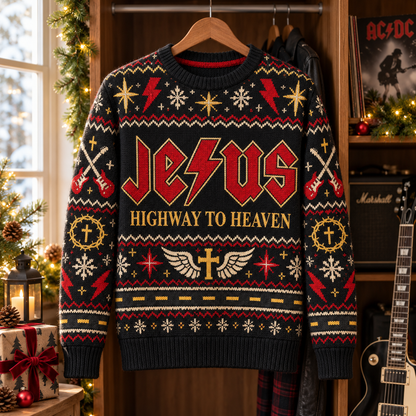 AC/DC Jesus Wool Christmas Sweater, Highway to Heaven Holiday Knit Jumper, Funny Christian Rock Ugly Christmas Sweater, Rock Fan Gift