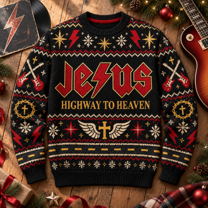 AC/DC Jesus Wool Christmas Sweater, Highway to Heaven Holiday Knit Jumper, Funny Christian Rock Ugly Christmas Sweater, Rock Fan Gift