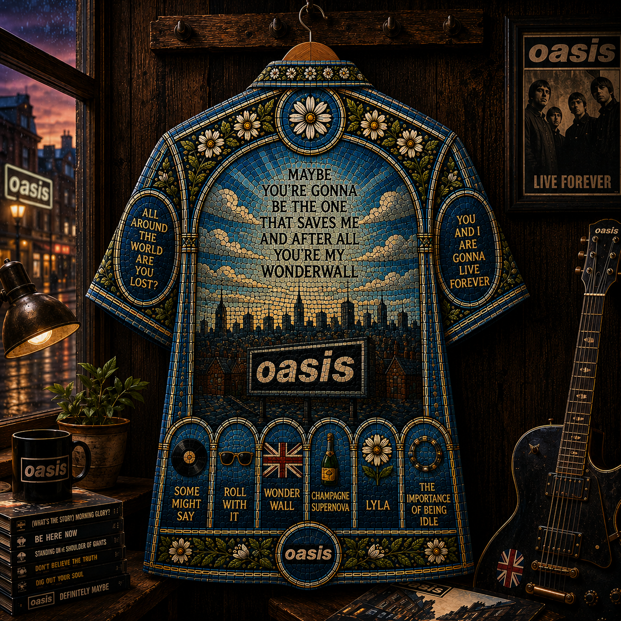 Oasis Hawaiian Shirt - Wonderwall Stained Glass All-Over Print Button-Up Shirt Britpop Music Fan Gift