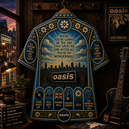 Oasis Hawaiian Shirt - Wonderwall Stained Glass All-Over Print Button-Up Shirt Britpop Music Fan Gift