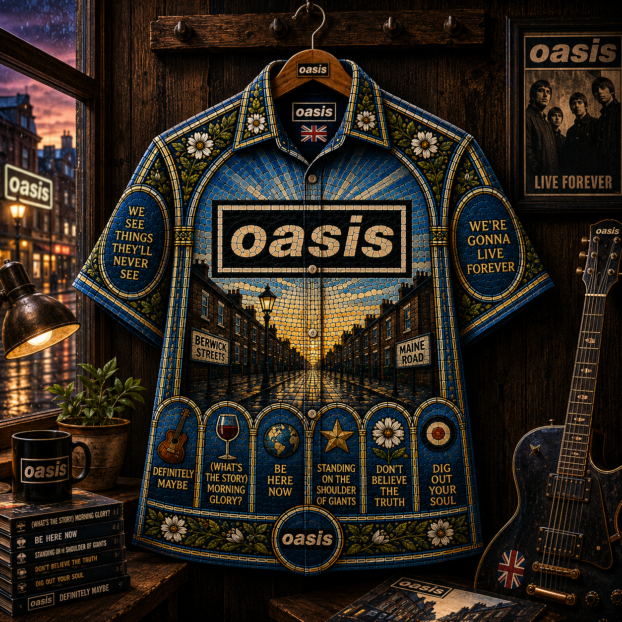 Oasis Hawaiian Shirt - Wonderwall Stained Glass All-Over Print Button-Up Shirt Britpop Music Fan Gift