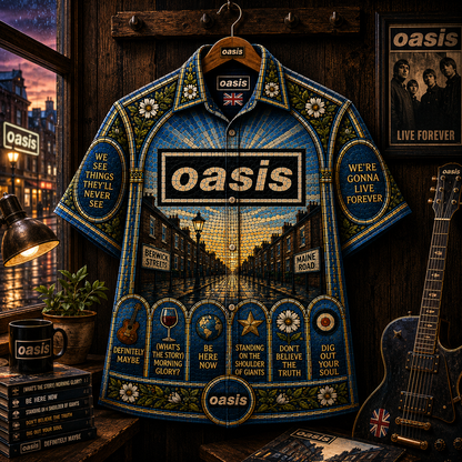 Oasis Hawaiian Shirt - Wonderwall Stained Glass All-Over Print Button-Up Shirt Britpop Music Fan Gift