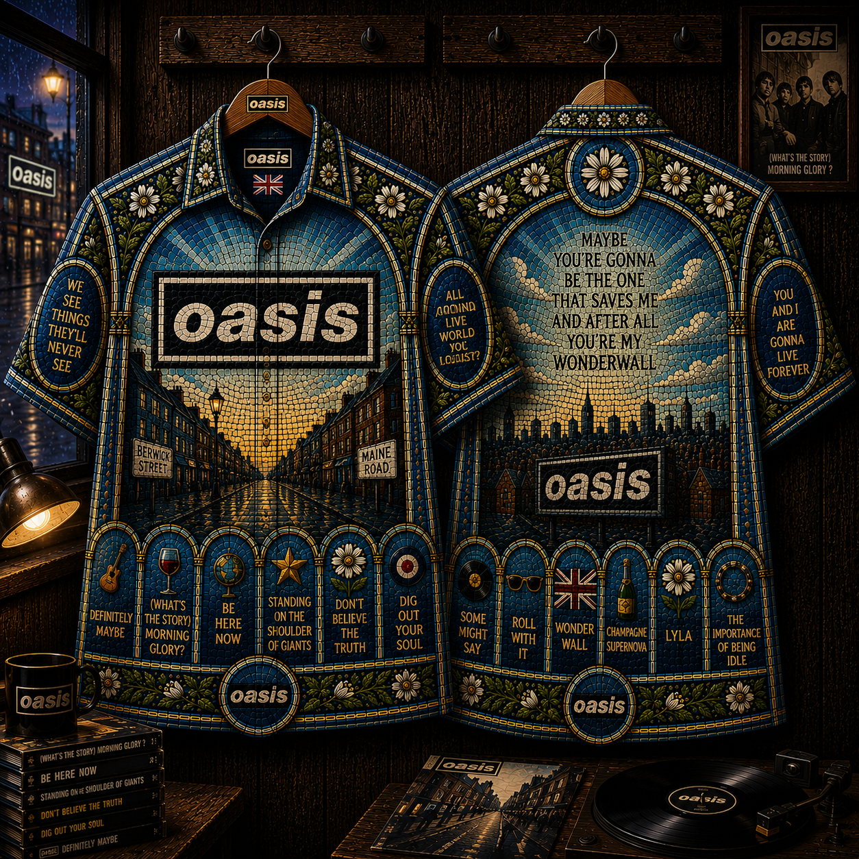 Oasis Hawaiian Shirt - Wonderwall Stained Glass All-Over Print Button-Up Shirt Britpop Music Fan Gift