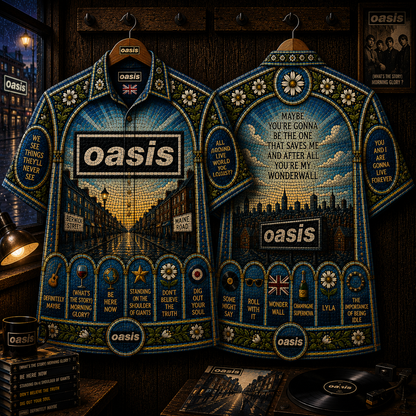 Oasis Hawaiian Shirt - Wonderwall Stained Glass All-Over Print Button-Up Shirt Britpop Music Fan Gift