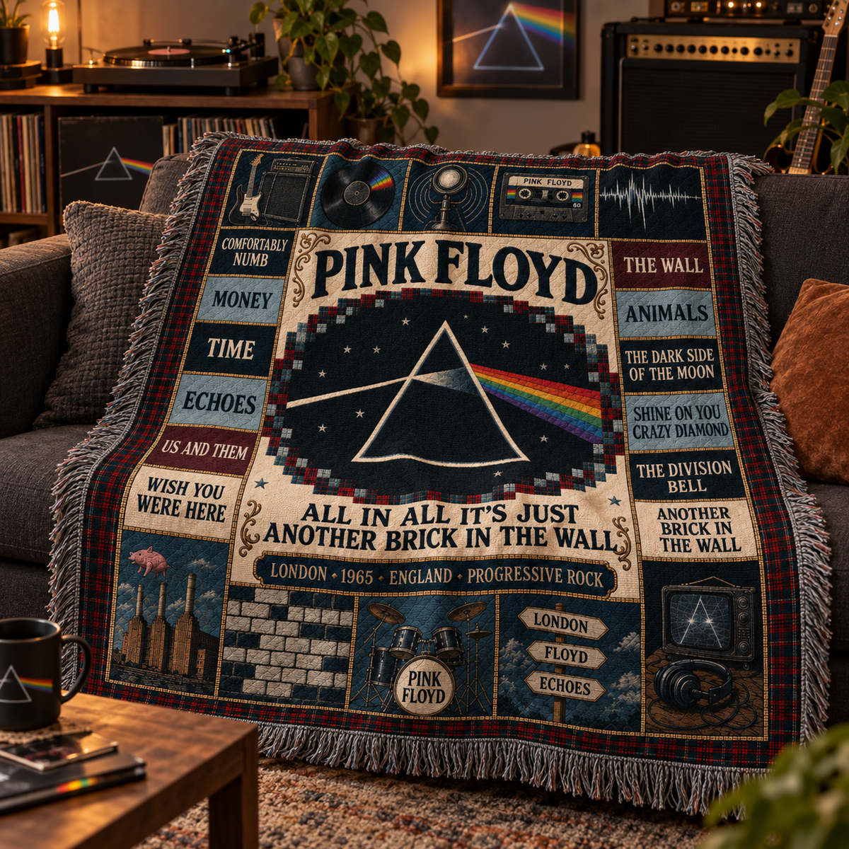 Pink Floyd Woven Blanket, Dark Side of the Moon Patchwork Throw, Vintage Progressive Rock Tapestry, Retro Music Fan Gift