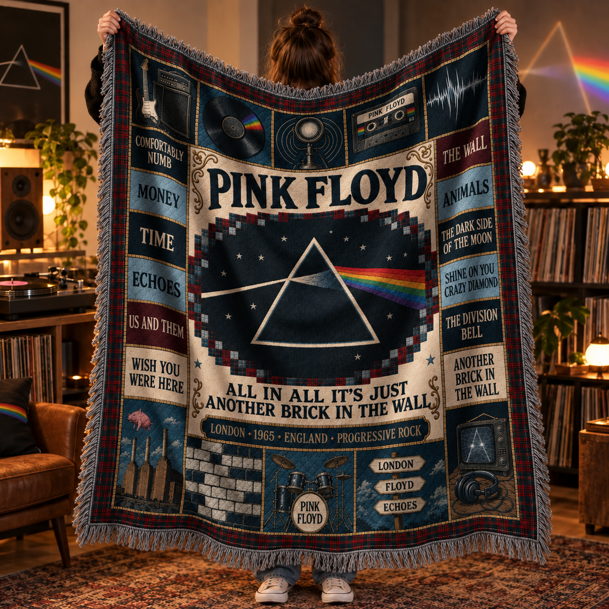 Pink Floyd Woven Blanket, Dark Side of the Moon Patchwork Throw, Vintage Progressive Rock Tapestry, Retro Music Fan Gift