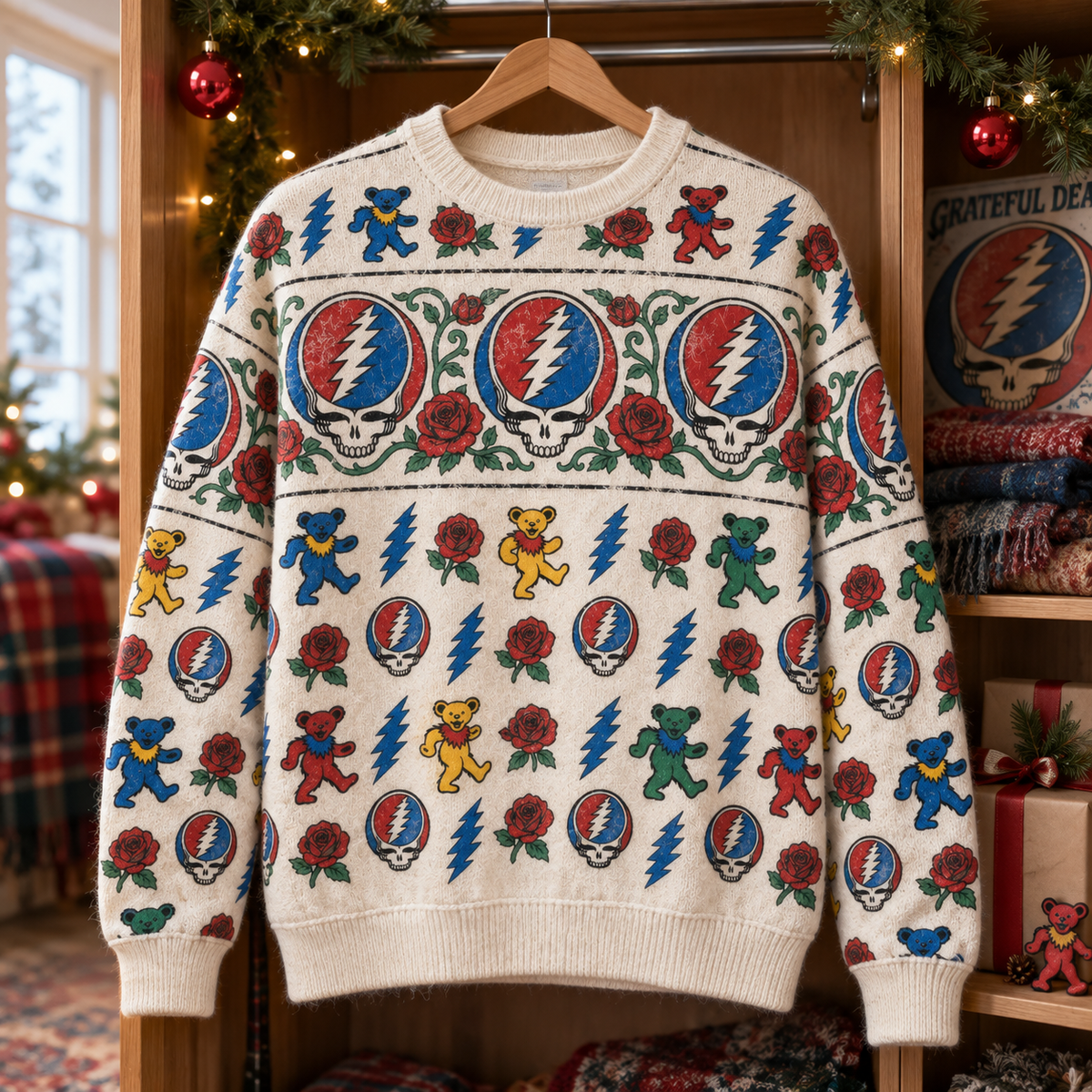 Grateful Dead All Over Print Wool Sweater, Dancing Bears Steal Your Face Roses Knit Crewneck, Retro Deadhead Rock Pullover