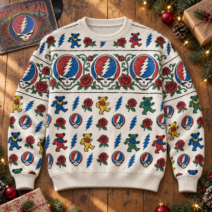 Grateful Dead All Over Print Wool Sweater, Dancing Bears Steal Your Face Roses Knit Crewneck, Retro Deadhead Rock Pullover