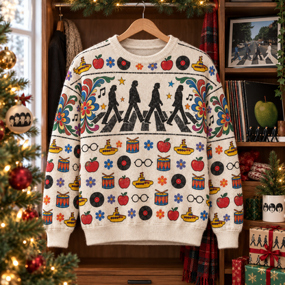 The Beatles Wool Christmas Sweater, Abbey Road Holiday Jumper, Yellow Submarine Knit Sweater, Retro Rock Christmas Gift