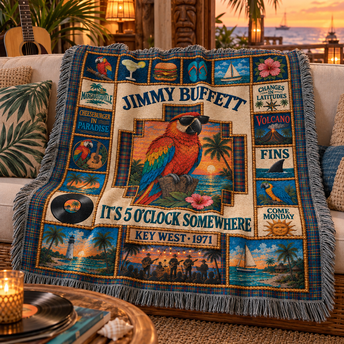 Jimmy Buffett Woven Blanket, Margaritaville Patchwork Throw, Tropical Parrot Music Blanket, Key West 1971 Coastal Fan Gift