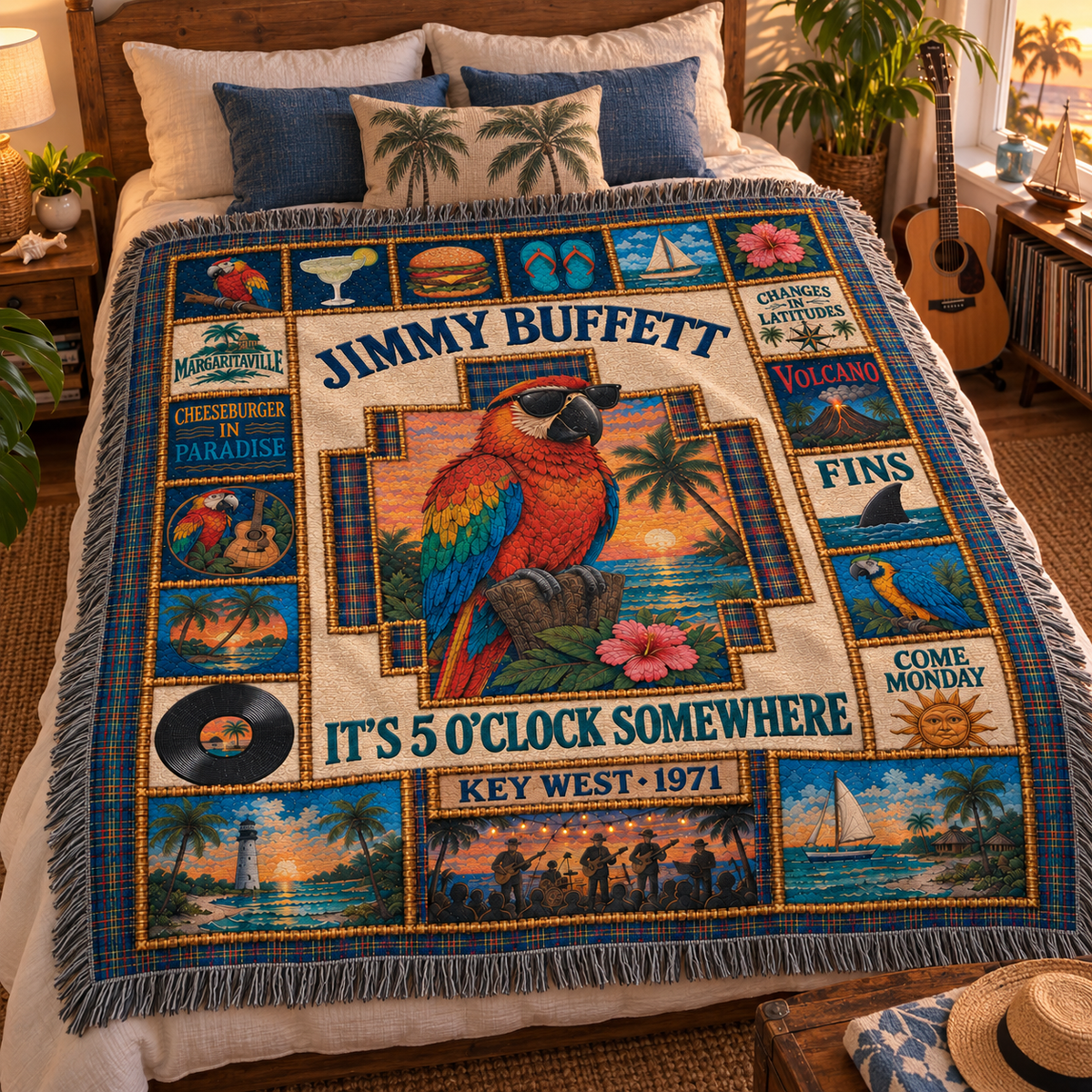 Jimmy Buffett Woven Blanket, Margaritaville Patchwork Throw, Tropical Parrot Music Blanket, Key West 1971 Coastal Fan Gift