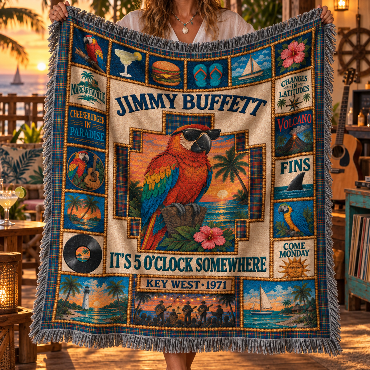 Jimmy Buffett Woven Blanket, Margaritaville Patchwork Throw, Tropical Parrot Music Blanket, Key West 1971 Coastal Fan Gift