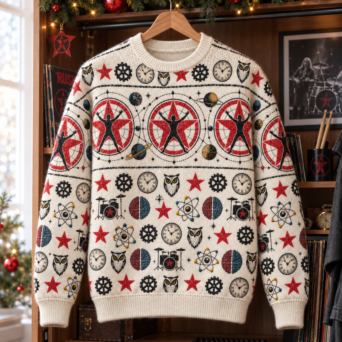 Rush Wool Sweater, 2112 Starman Pattern Knit Jumper, Owl Clock Drum Graphic Sweater, Progressive Rock Fan Gift