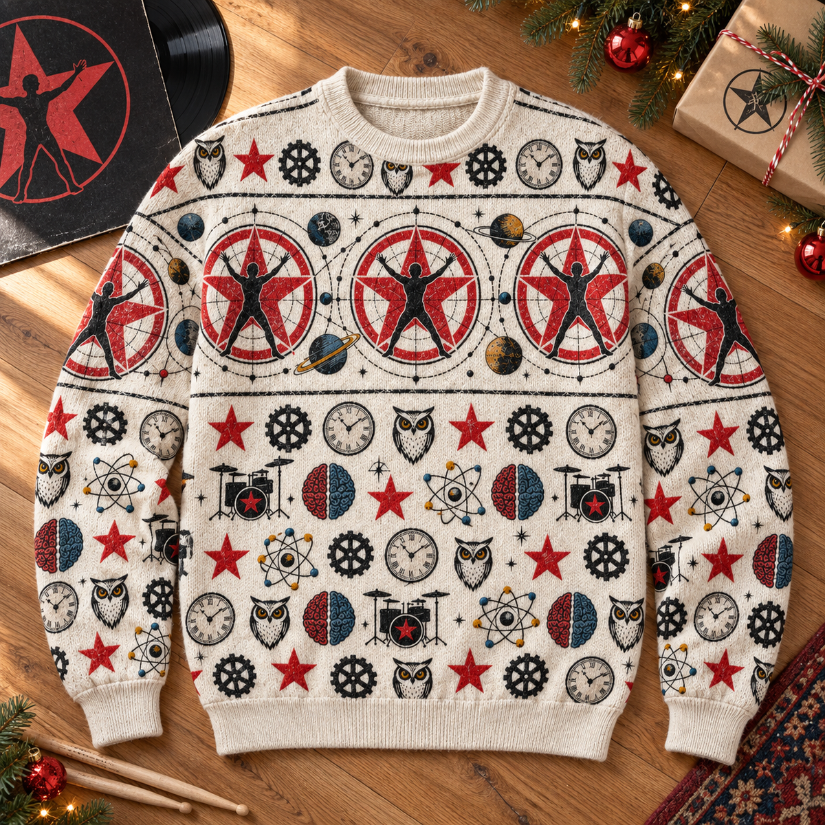 Rush Wool Sweater, 2112 Starman Pattern Knit Jumper, Owl Clock Drum Graphic Sweater, Progressive Rock Fan Gift