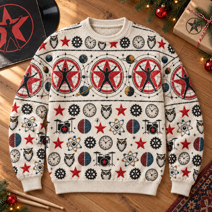 Rush Wool Sweater, 2112 Starman Pattern Knit Jumper, Owl Clock Drum Graphic Sweater, Progressive Rock Fan Gift