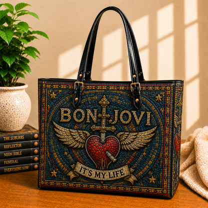 Bon Jovi Leather Handbag, Leather Tote Bag, Leather Wallet Set - Stained Glass Mosaic Bon Jovi  Band Fan Gift, Luxury Rock Music Accessories
