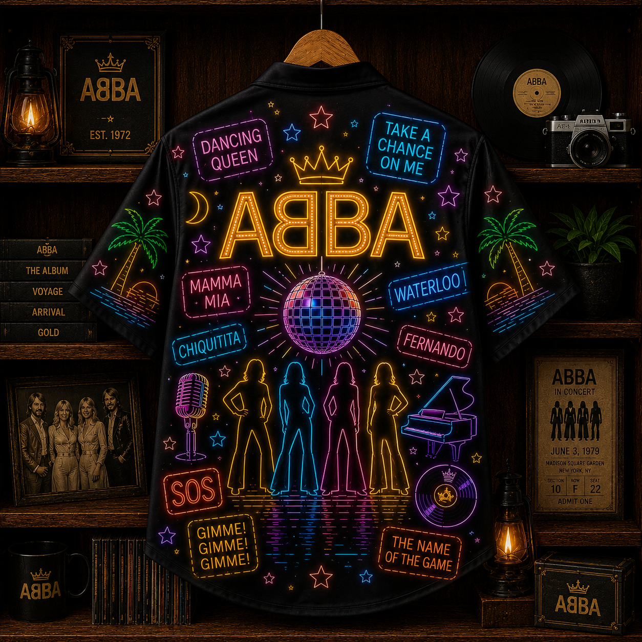 ABBA Neon Hawaiian Shirt - Disco Pop Band All Over Print Hawaiian Shirt - Retro 70s Music Summer Button Up Shirt