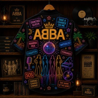 ABBA Neon Hawaiian Shirt - Disco Pop Band All Over Print Hawaiian Shirt - Retro 70s Music Summer Button Up Shirt
