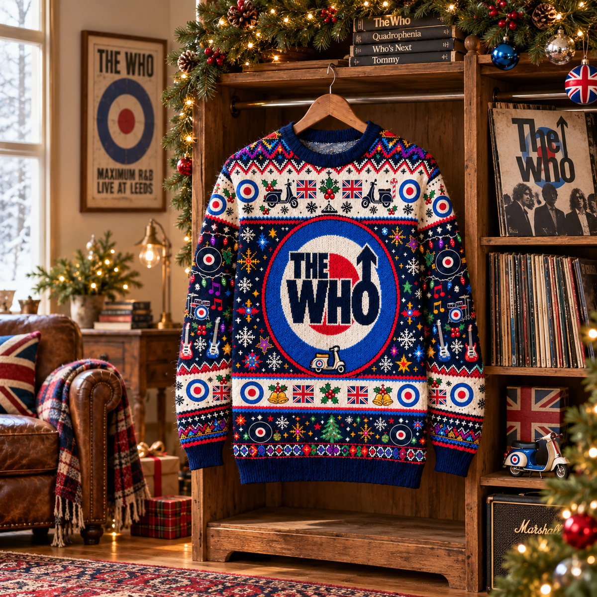 The Who Wool Christmas Sweater, British Mod Target Ugly Christmas Jumper, Union Jack Rock Band Wool Sweater, Classic Rock Holiday Gift
