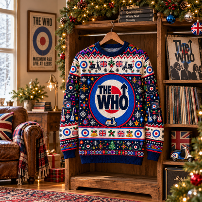 The Who Wool Christmas Sweater, British Mod Target Ugly Christmas Jumper, Union Jack Rock Band Wool Sweater, Classic Rock Holiday Gift