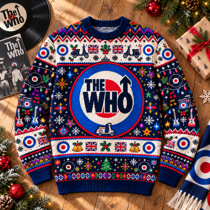 The Who Wool Christmas Sweater, British Mod Target Ugly Christmas Jumper, Union Jack Rock Band Wool Sweater, Classic Rock Holiday Gift