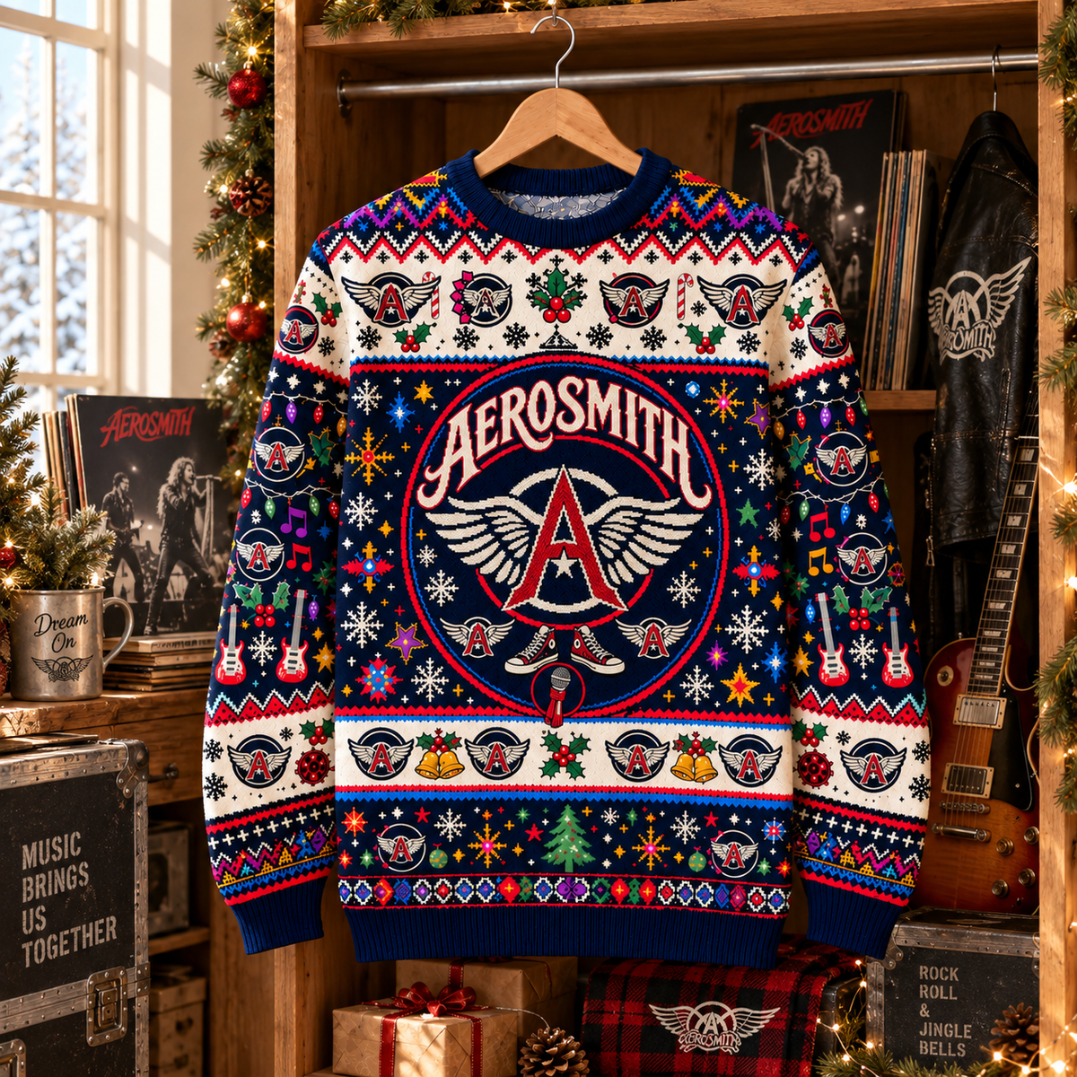 Aerosmith Christmas Wool Sweater, Winged Logo Ugly Xmas Knit Pullover, Classic Rock Holiday Crewneck Gift