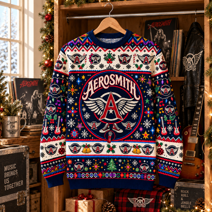 Aerosmith Christmas Wool Sweater, Winged Logo Ugly Xmas Knit Pullover, Classic Rock Holiday Crewneck Gift