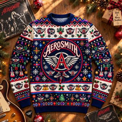 Aerosmith Christmas Wool Sweater, Winged Logo Ugly Xmas Knit Pullover, Classic Rock Holiday Crewneck Gift
