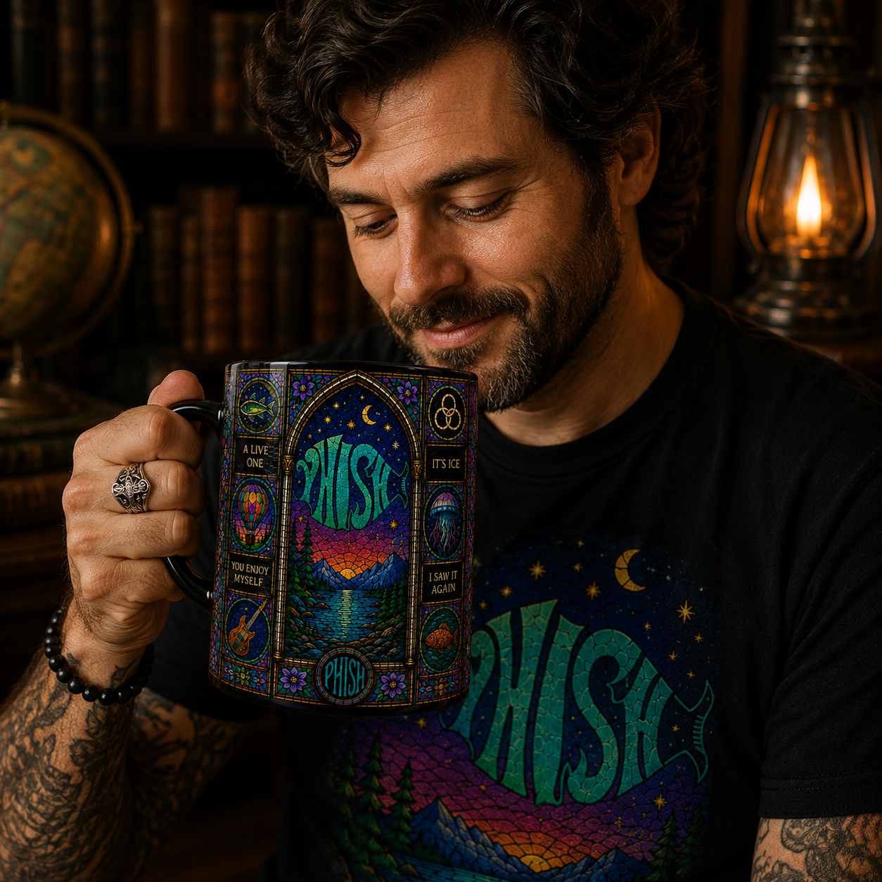 Phish Stained Glass Mug, Psychedelic Jam Band Coffee Cup, Mountain Landscape Music Fan Gift