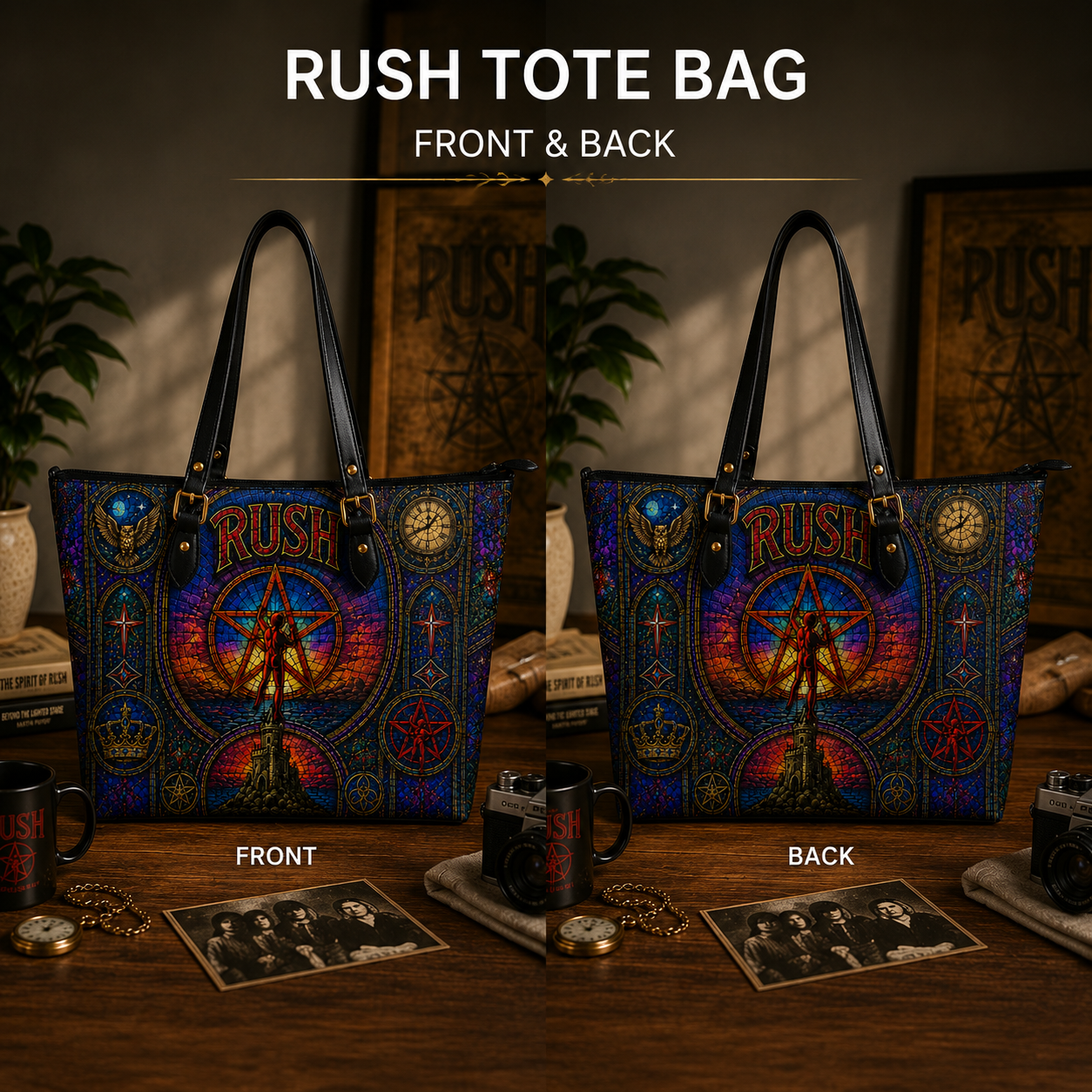 Rush Leather Handbag, Leather Tote Bag, Leather Wallet Set - Stained Glass Rush Band Fan Gift, Luxury Rock Music Accessories