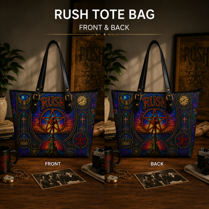 Rush Leather Handbag, Leather Tote Bag, Leather Wallet Set - Stained Glass Rush Band Fan Gift, Luxury Rock Music Accessories