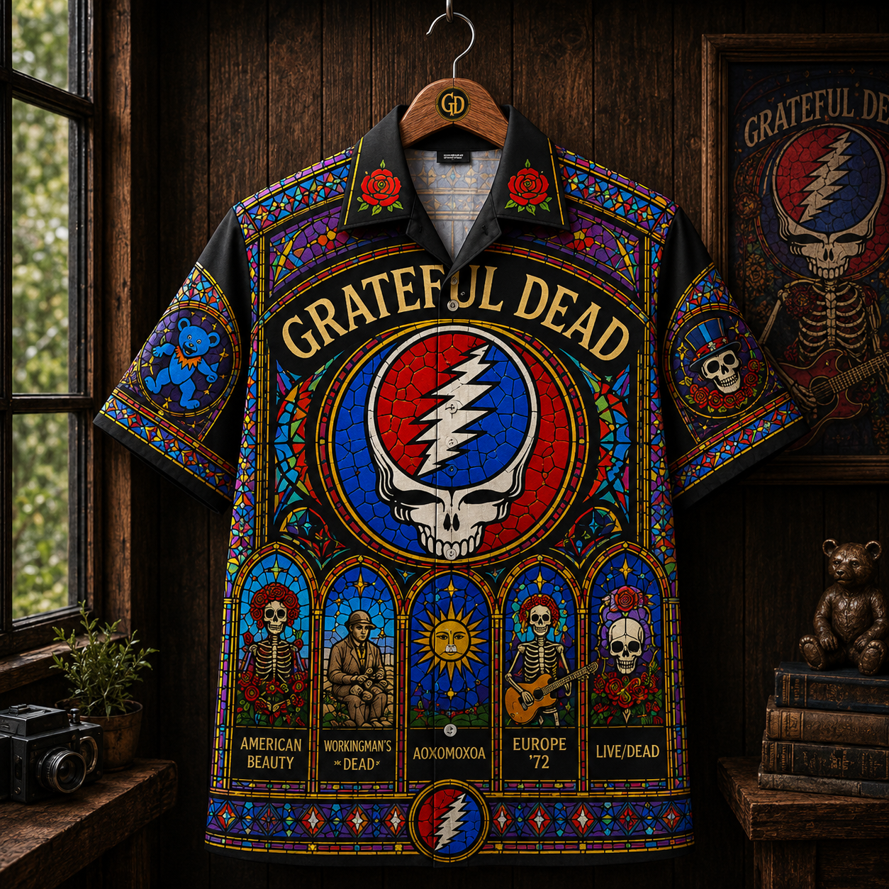 Grateful Dead Stained Glass Hawaiian Shirt - Steal Your Face All-Over Print Button-Up Shirt Grateful Dead Fan Gift