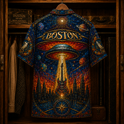 Boston Hawaiian Shirt - Stained Glass Space Rock Band AOP Button-Up Shirt