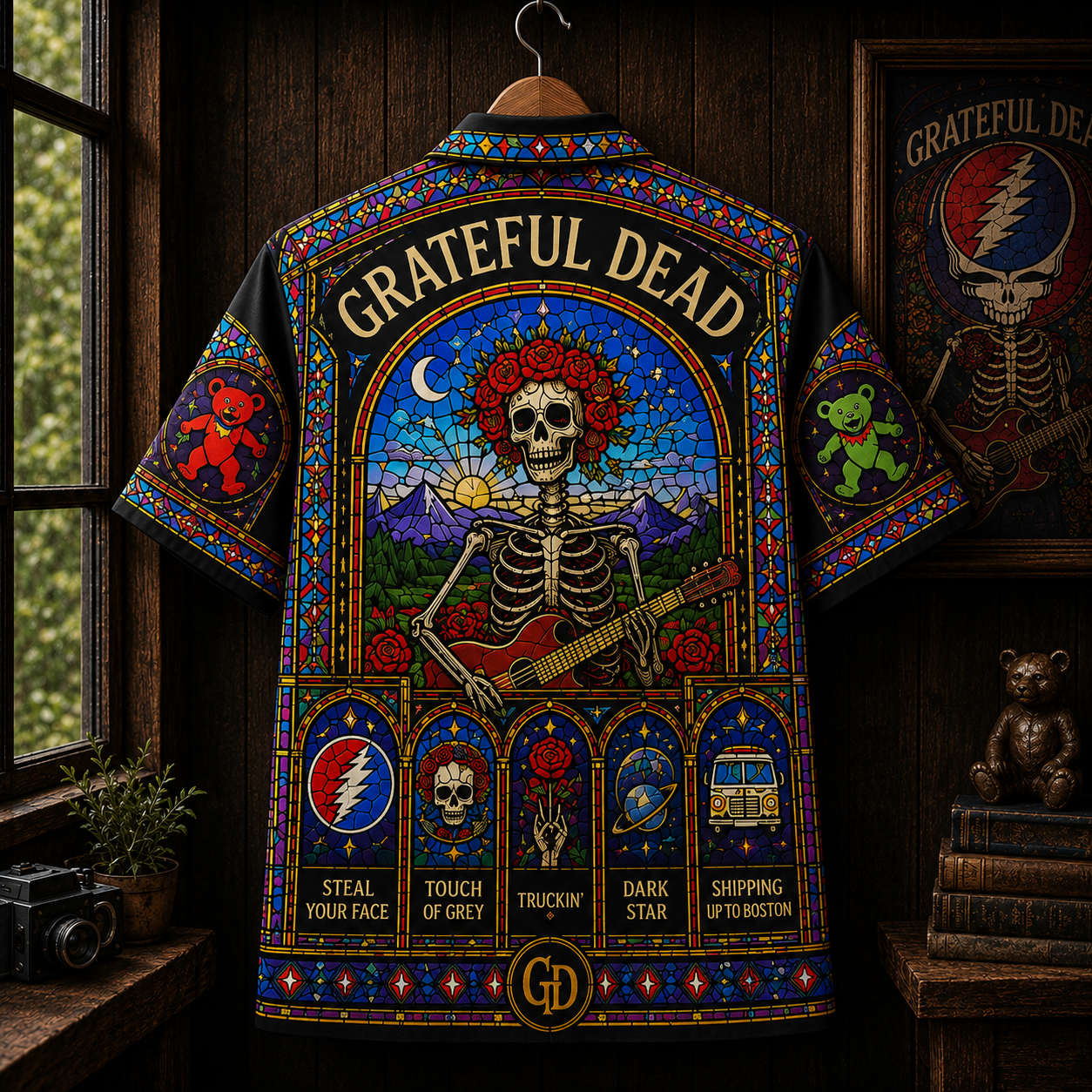 Grateful Dead Stained Glass Hawaiian Shirt - Steal Your Face All-Over Print Button-Up Shirt Grateful Dead Fan Gift