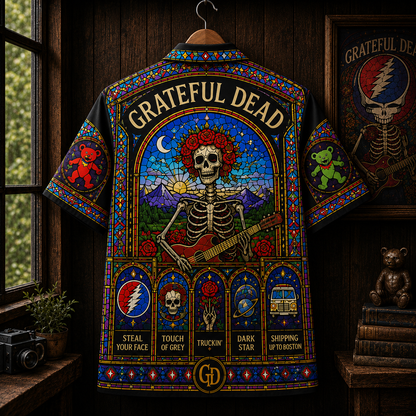Grateful Dead Stained Glass Hawaiian Shirt - Steal Your Face All-Over Print Button-Up Shirt Grateful Dead Fan Gift