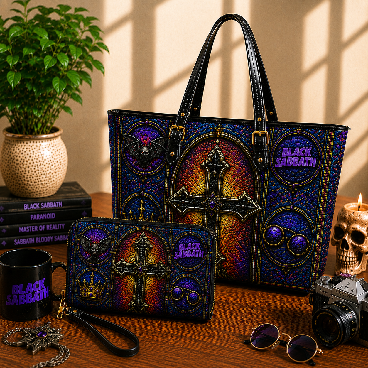 Black Sabbath Leather Handbag, Leather Tote Bag, Leather Wallet Set - Stained Glass Black Sabbath Band Fan Gift, Luxury Rock Music Accessories
