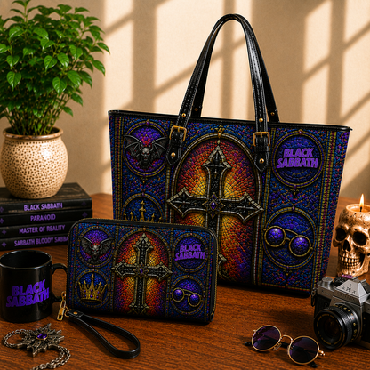 Black Sabbath Leather Handbag, Leather Tote Bag, Leather Wallet Set - Stained Glass Black Sabbath Band Fan Gift, Luxury Rock Music Accessories