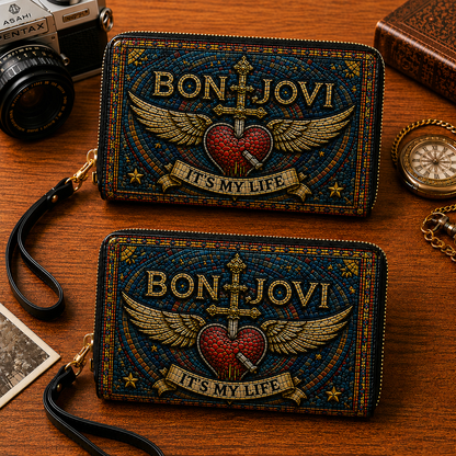 Bon Jovi Leather Handbag, Leather Tote Bag, Leather Wallet Set - Stained Glass Mosaic Bon Jovi  Band Fan Gift, Luxury Rock Music Accessories