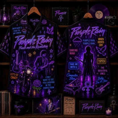 Purple Rain Glow Hawaiian Shirt - Retro Neon Prince Inspired All Over Print  80s Music Summer Button Up Shirt