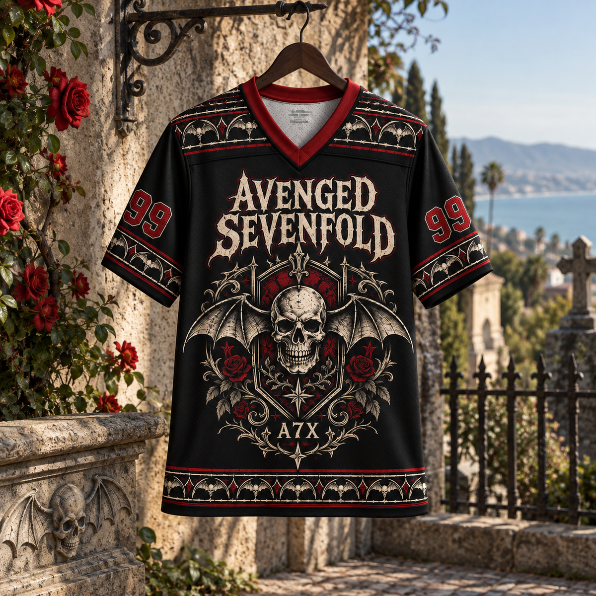 Avenged Sevenfold Jersey, A7X 1999 Deathbat Gothic Shirt, Black Red Metal Band Jersey, Heavy Rock Fan Gift