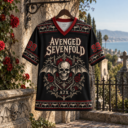 Avenged Sevenfold Jersey, A7X 1999 Deathbat Gothic Shirt, Black Red Metal Band Jersey, Heavy Rock Fan Gift