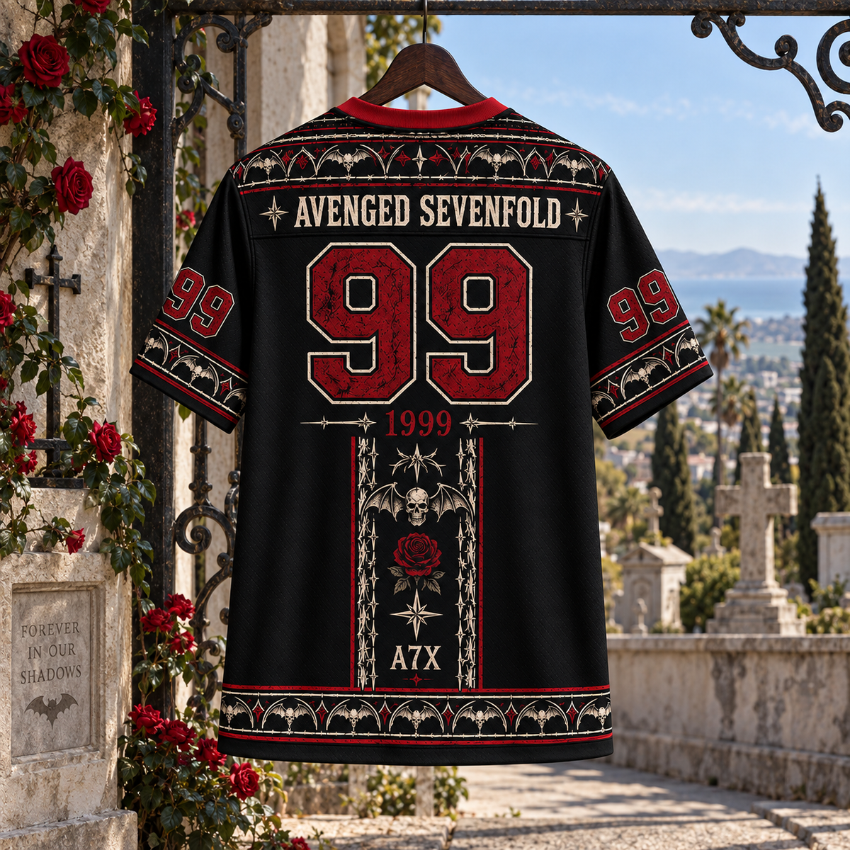 Avenged Sevenfold Jersey, A7X 1999 Deathbat Gothic Shirt, Black Red Metal Band Jersey, Heavy Rock Fan Gift