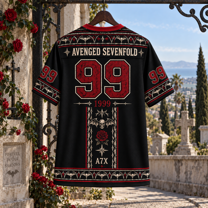 Avenged Sevenfold Jersey, A7X 1999 Deathbat Gothic Shirt, Black Red Metal Band Jersey, Heavy Rock Fan Gift