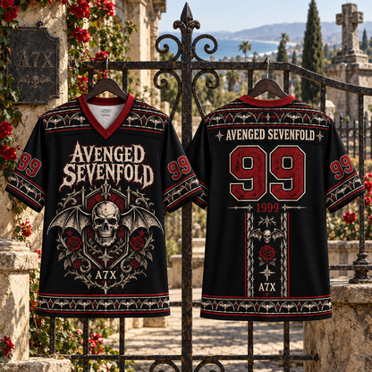 Avenged Sevenfold Jersey, A7X 1999 Deathbat Gothic Shirt, Black Red Metal Band Jersey, Heavy Rock Fan Gift